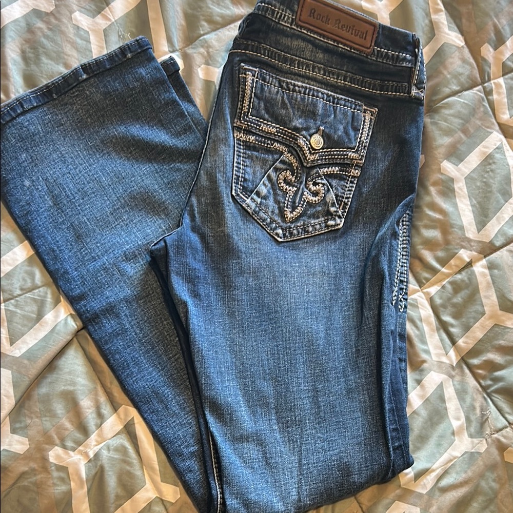 Rock Revival Blue Boot Cut Jeans with Decorative Stitching